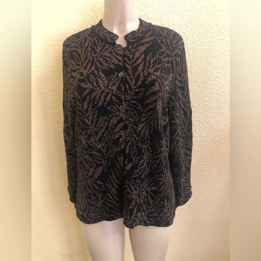 Peruvian Connection black/brown print button down sweater size XL